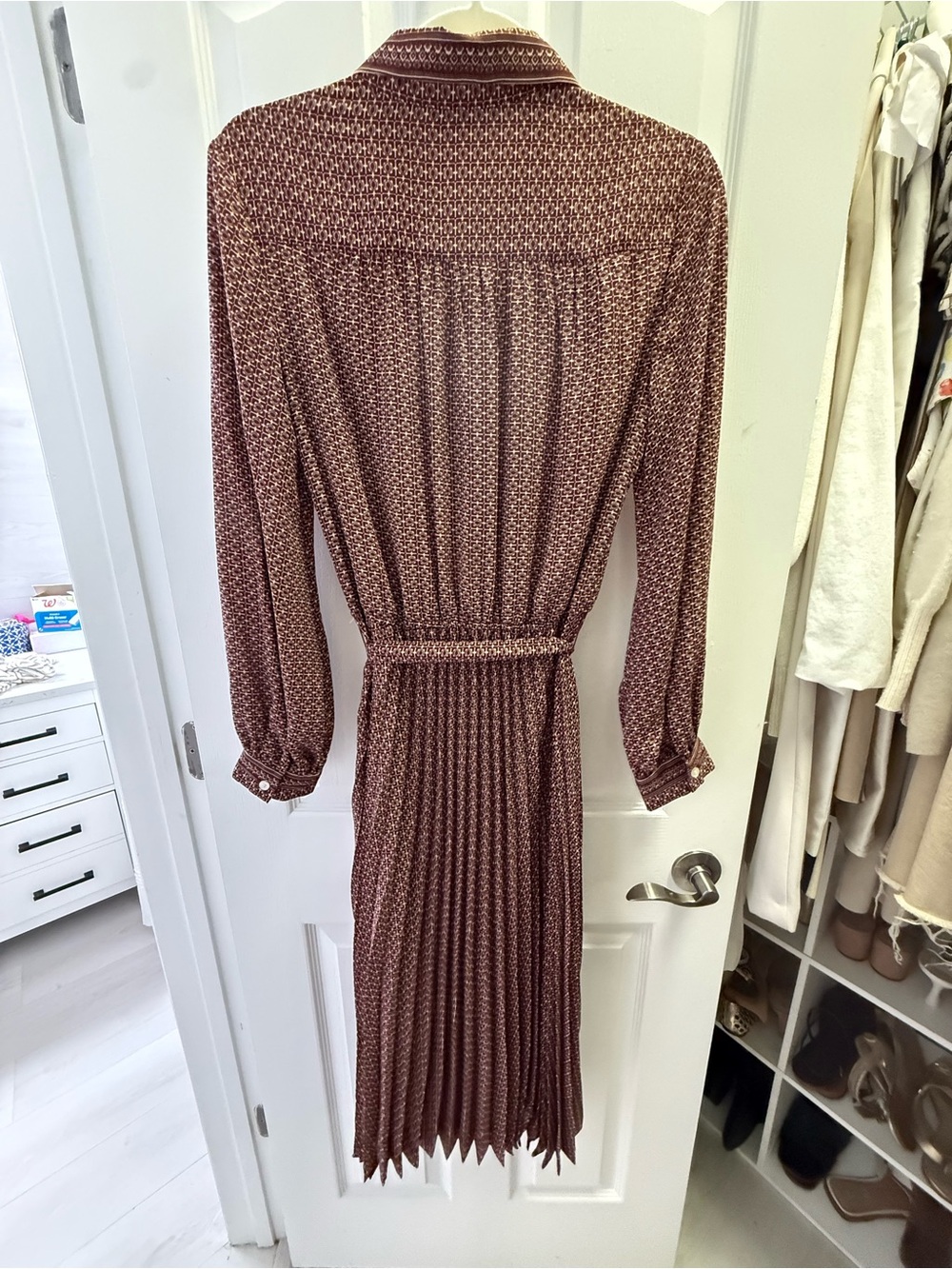 Max Studio Brown Geometric Print Belted Shirt Dress Size S - Picture 5 of 6